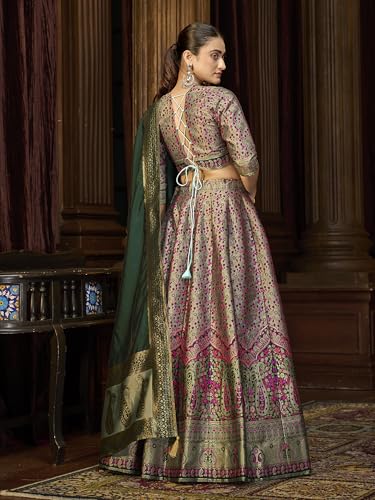 Image of PURVAJA Women's Kanjiwaram Semi-Stitched Lehenga choli
