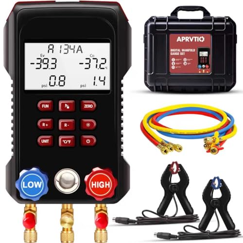 Digital HVAC Gauge, Aprvtio AMF-300 AC Manifold Gauge Set with 3000PSI Hoses and 2 Wired Temperature Clamp Probes, Refrigerant Gauges for Automotive HVAC System HVAC Tools Kit R134a R22 R12