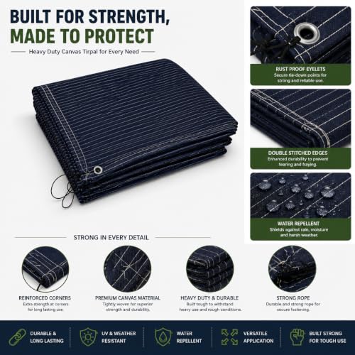 Image of 1200 GSM Heavy Duty Canvas Tarpaulin | 100% Waterproof Resistance, UV Resistant, Tear Proof Tarp with Reinforced Edges & Eyelets for Truck, Outdoor, Construction (Blue, 6 X 7.5 FT)