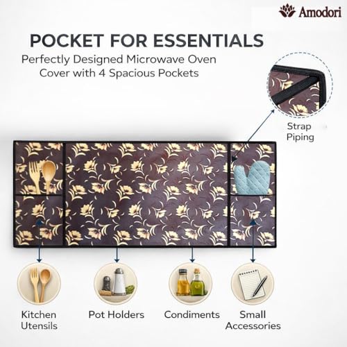 Image of Microwave Oven Top Cover 35x100 cm | Wipe Clean Fabric | 4 Utility Pockets (Floral-23)
