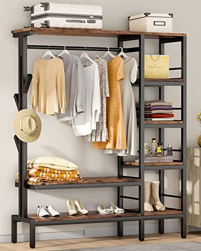 HOKEEPER 650lbs Capacity Heavy Duty Clothing Rack with Shelves Freestanding Closet Organizer with Hooks Metal Wardrobe Closet Organizers and Storage Shelves Clothes Storage Rack