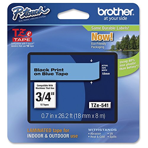 Brother TZe-541 Labelling Tape Cassette, 18 mm (W) x 8 m (L), Laminated, Brother Genuine Supplies - Black on Blue