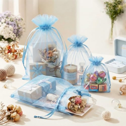 Image of FUNFERY 100PCS Baby Blue Organza Gift Bags 4x6in,Drawstring Jewelry Pouch