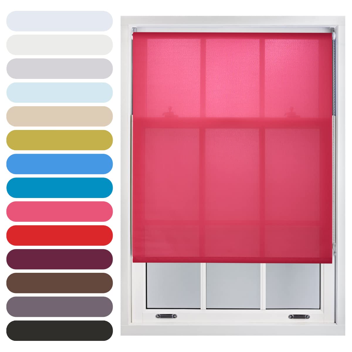 Furnished Fuchsia Daylight Roller Blind Trimmable Blinds Window Shade - Easy Install Non-Blackout Fabric Complete Roller Blind Kit For Kitchen Living Room Bedroom, Pink, 165W X 165H Cm