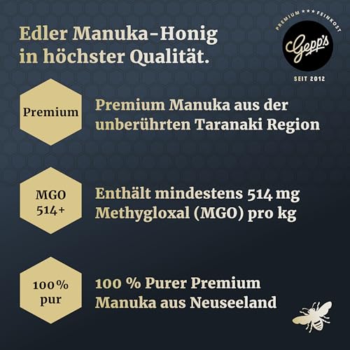 Gepp’s Feinkost Manuka Honig 500 g, hohe Reinheit von 514+ MGO I Manuka-Honig aus Taranaki, Neuseeland I Superfood Manuka, unvergleichlich cremig & aromatisch I Preisgekrönter Manuka Honey