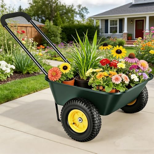 Autodaya 2 Wheel Wheelbarrow, Dual-Wheel Garden Dump Cart with 10" Non-Slip Pneumatic Tires & Ergonomic Padded Handle, Heavy-Duty Home Utility Yard Cart Wagon for Lawn, Farm, Porch, Gardening, Green