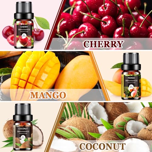 AESHORY Fruchtig Ätherische Öle Set für Diffuser 6 x 10ML, Aromatherapie Duftöl Geschenkset, 100% Naturrein Aroma Öl für Luftbefeuchter - Erdbeere, Heidelbeere, Kirsche, Kokosnuss, Wassermelone, Mango