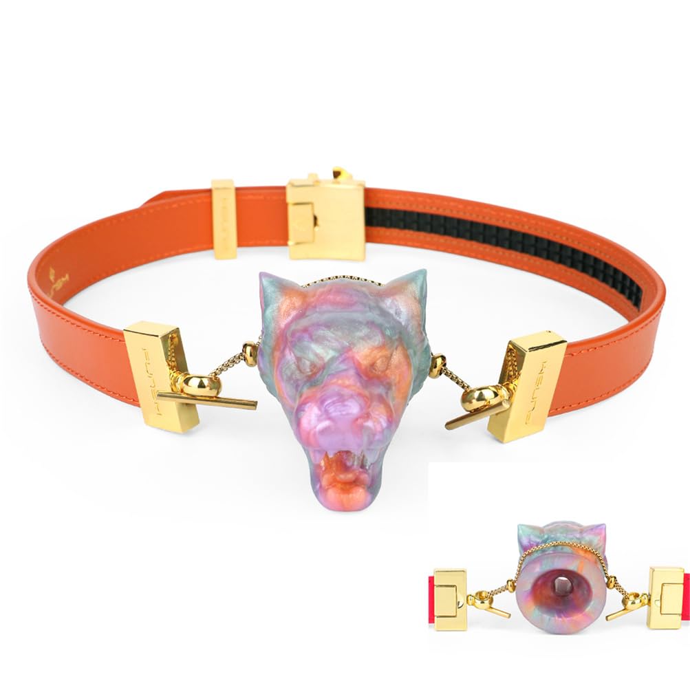 BDSM Silikon Mundknebel Oralsex Mouth Gag Mundspreizer mit Tigerform Mundkugel, Einstellbar Mund Plug Fetisch Bondage Echtes Leder Gürtel Knebel Erotik Extrem Sexspielzeug für Paare,Orange