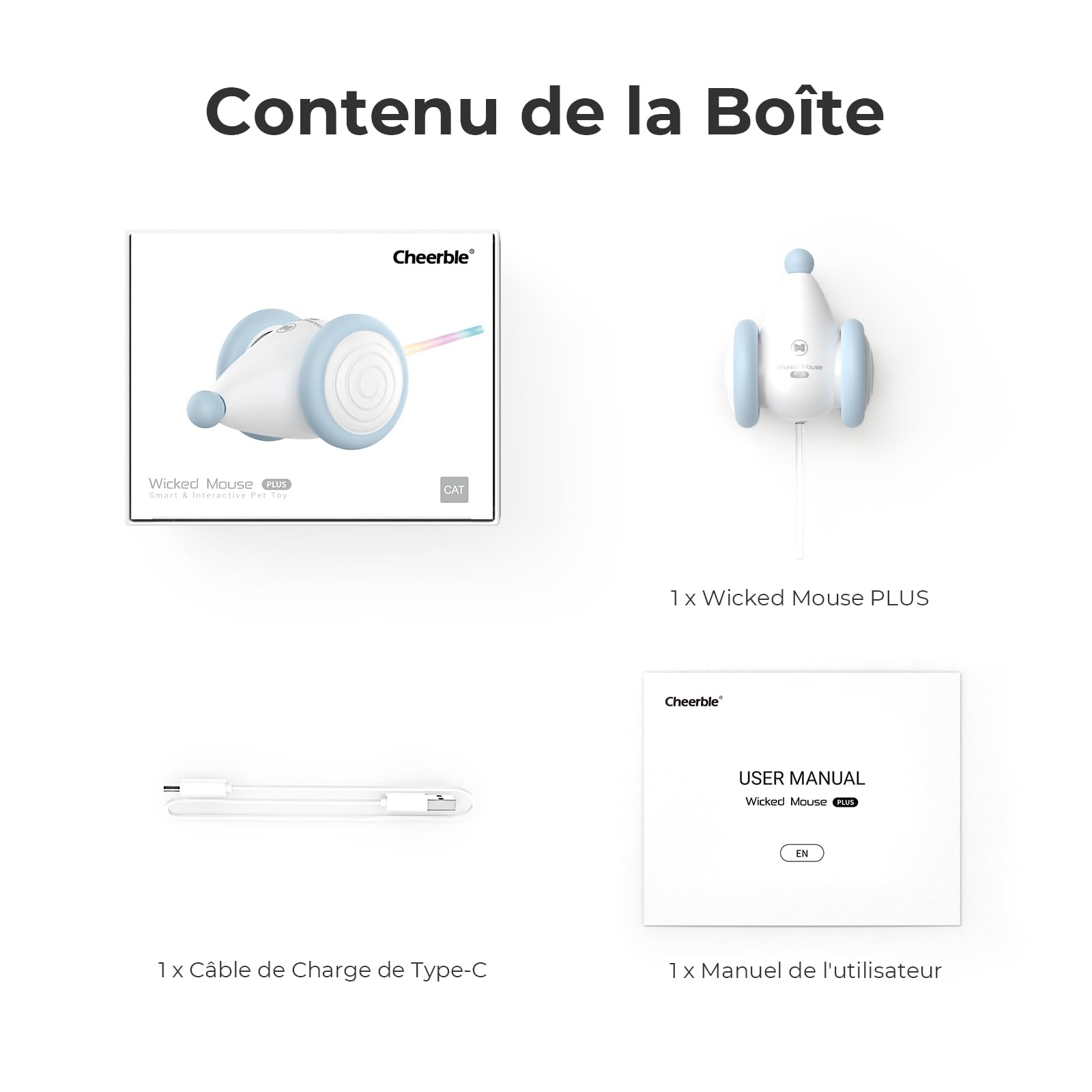 Cheerble Jouet Chat Interactif, Jouet Chat Interieur, Jouet Automatique pour Chat avec Lumières LED, Deux Vitesses, Rechargeable par USB, Souris Automatique Wicked Mouse, Cadeau pour Chaton (Bleu)