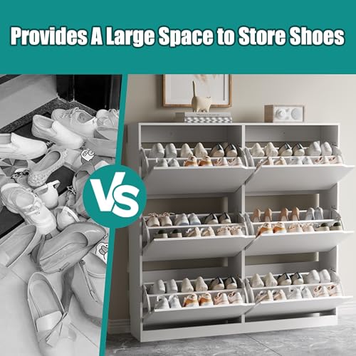 Image of Xixini Shoe Storage Cabinet for Entryway with 6 Flip Drawers, Sturdy Wood Hidden Shoe Storage, Freestanding Narrow Slim Shoe Organizer for Front Door Entrance, Living Room, Hallway, Bedroom, White