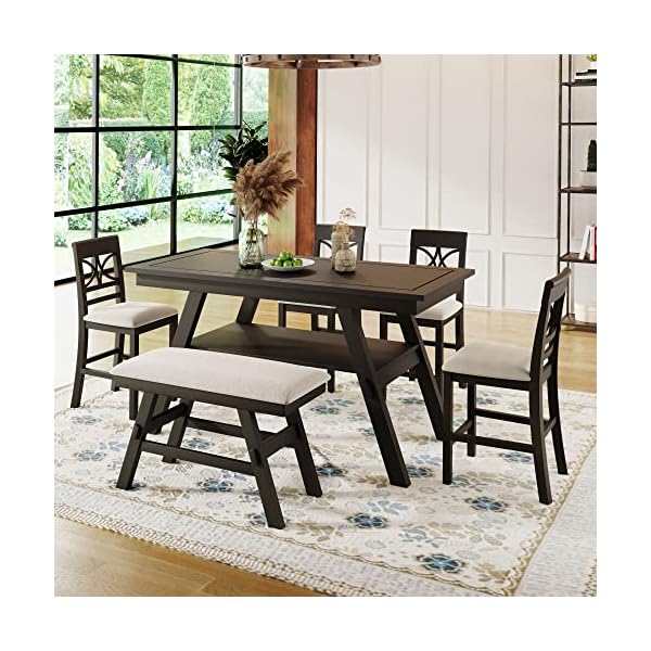6 piece rustic counter height dining table set rustic style with storage shelf bench and 4 chairs  urban country home decor