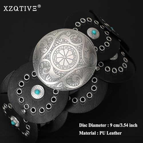 Image of XZQTIVE Western PU Leather Belts for Woman Concho Cowgirl Cowboy Disc Belt for Ladies Wide Boho Country Waist Belts for Dress