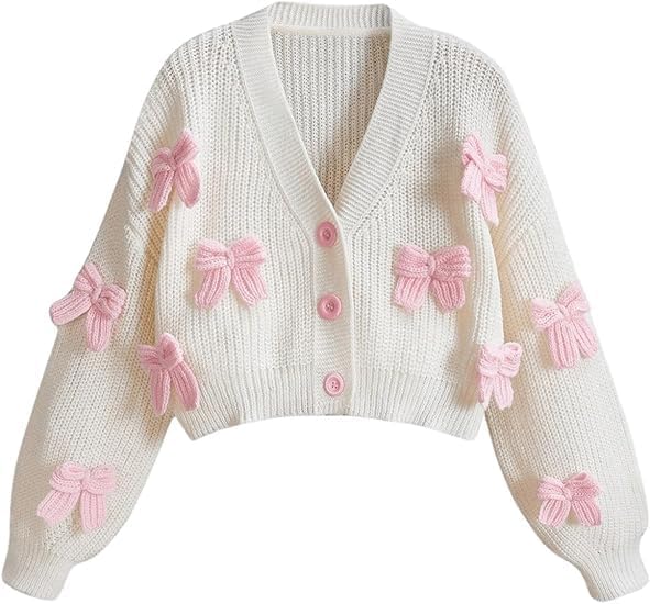 Womens Bow Cropped Cardigan Sweater Long Sleeve V Neck Button Down Chunky Knit Loose Crop Tops