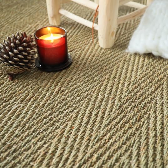 Tapis Jonc de mer - Assam chevron - Ganse lin vert sapin - 160 x 230 cm