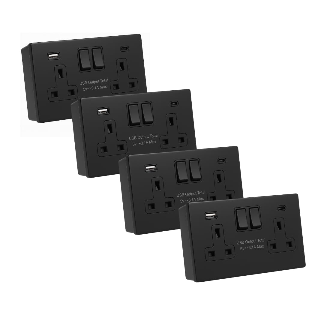 SHPELEC® Matt Black Screwless Sockets & Switches Premium Black Wiring Accessories Range (2 Gang Socket with USB Ports (Type A&C) & 35mm Back Box, 4 PACK)