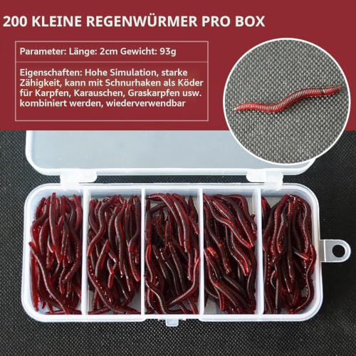 350 Stück Künstliche Köder Würmer Fisch,Cosswe Angelköder Künstliche Würmer Fisch, weiche Kunststoffwürmer, Angel Köder Box Set 150 Mehlwürmer+200 kleine Regenwürmer – Bild 2