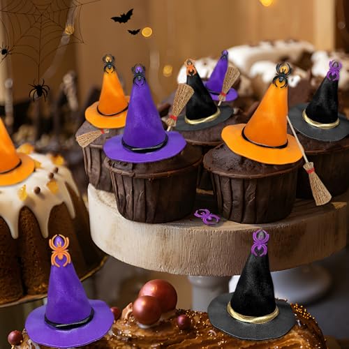 27PCS Halloween Witch Theme Cake Toppers Set, Mini Witch Hats Broomsticks & Spider Rings for Cupcake Decorations, Witch DIY Party Supplies, Wizard Birthday Cake Dessert Decor Party Favors for Girl Boy - Image 6