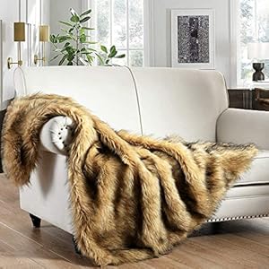 Luxury Plush Faux Fur Throw Blanket, Long Pile Golden Yellow with Black Tipped Blanket, Super Warm, Fuzzy, Elegant, Fluffy Decoration Blanket Scarf for Sofa, Armchair, Couch and Bed, 60”x 80”