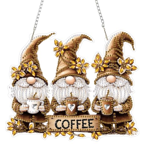 QENSPE Diamond Art Kit, DIY Gnomes Diamond Painting Hanging for Adults Beginner, Coffee Gem Arts Pendant Special Shaped Rhinestone Window Ornaments Wall Door Garden Decoration Gift, Double Sided