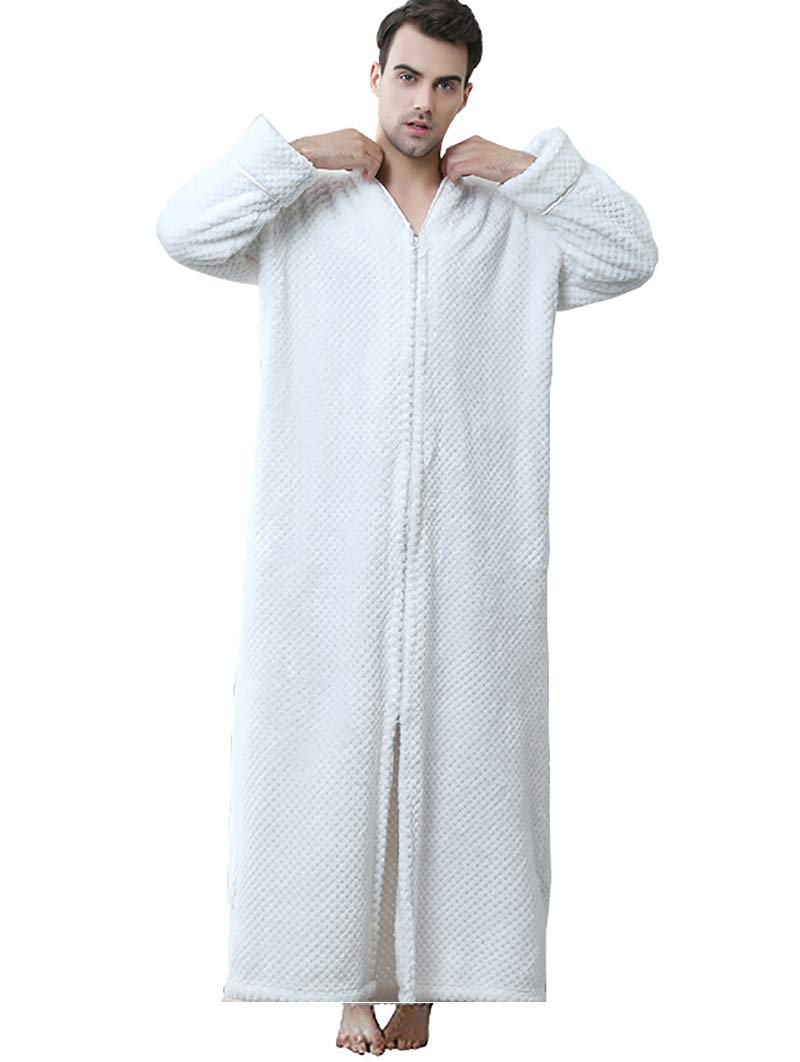 Daoba Men's Bathrobe Premium Flannel Fleece Plush Caftan Soft Long Robe Warm Housecoat Zip Front Man White