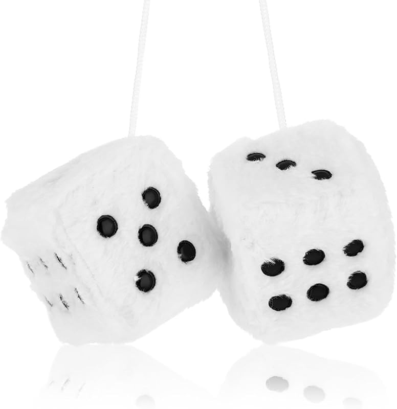 Dados de pelúcia para espelho retrovisor Telooco brancos – Par de 6 x 6 cm