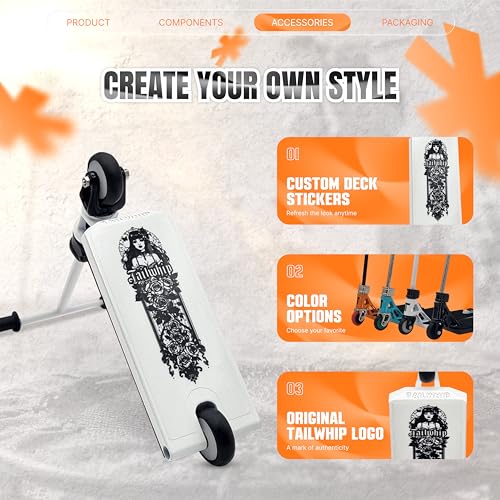 TAILWHIP Pro Finger Scooter z łożyskami kulkowymi – bez zabawy, cicha praca, naklejka na pokład do indywidualizacji, wytrzymała metalowa hulajnoga trick Scooter dla dzieci i dorosłych, biała