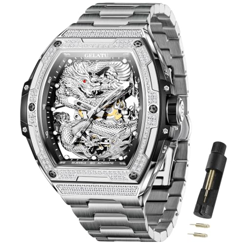 Image of OLEVS Automatic Men's Watches Fashion Diamond Dragon Skeleton Mechanical Self Winding Tourbillon Stainless Steel Waterproof Luminous Watches for Men