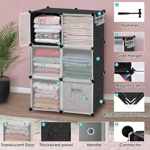 Image of LUHI Plastic Wardrobe for Kids Clothes ? Easy to Use Anti-Skid & Non-Slip Effective Professional, Plastic Cupboard for Kids, Foldable Almirah, Collapsible Wardrobe (Black HM1,6-Shelf-6-Door)