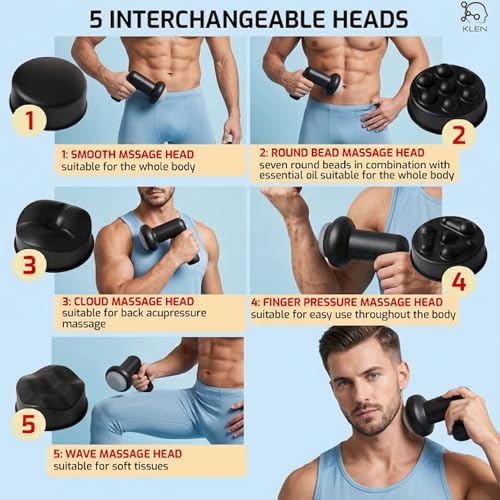 Image of KLEN Rechargeable Mini Handheld Massager Machine with 5 Interchangeable Heads - Cordless Electric Design Adjustable Speeds for Back, Neck, Shoulders & Legs