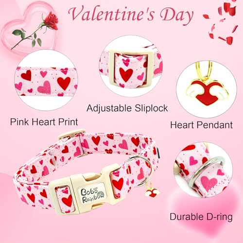 Image of Valentine's Cute Pink Heart Print Dog Collar for Medium Dogs | Valentine Pet Outfit,Wedding,Anniversary,Daily Walks,Adjustable,Cotton Fabric,Quick Release Plastic Buckle,Pendant,Female Dog