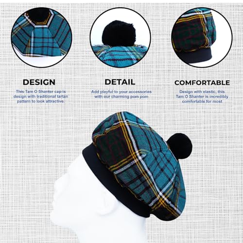 Image of Scottish Tam O' Shanter Hat Tartan Bonnet Pom Pom Wool Flat Cap One Size