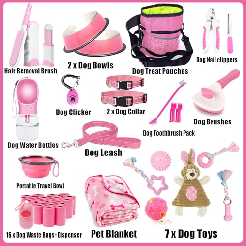Lobeve Welpen-Starterset mit 39 Teilen, mit Welpenutensilien und Hundesachen, mit Hundeleine, Spielzeug, Näpfen, Bürsten, Wasserflasche und mehr, das perfekte Willkommensgeschenk für neue Welpen, Pink