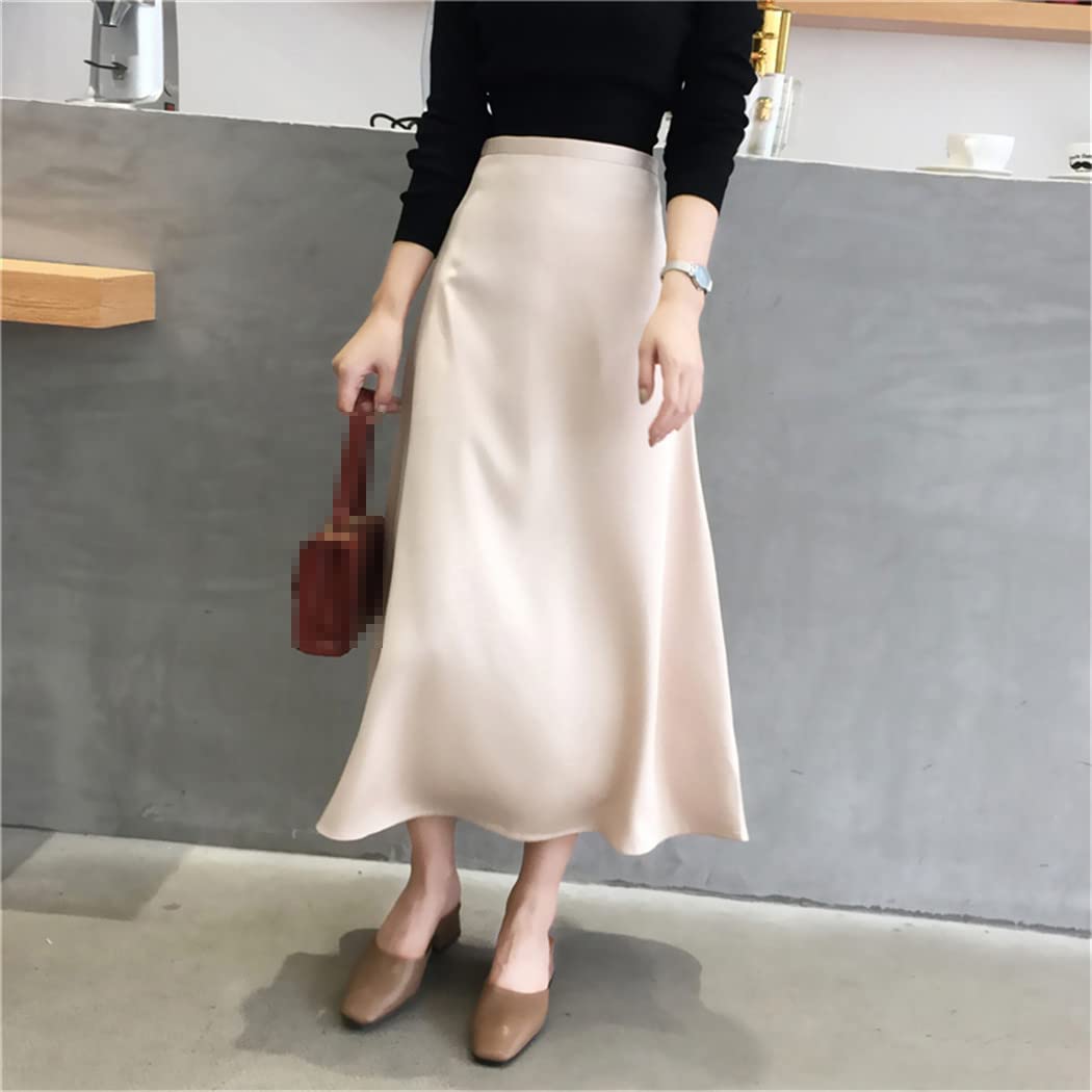 Jupe d'été élégante en satin pour femme - Uni - Vintage - Taille haute - Pour le bureau et les fêtes, kaki, 52