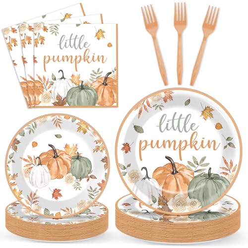 Image of 96Pcs Fall Little Pumpkin Baby Shower Party Decoration Set Autumn Lil Pumpkin Plates and Napkins Tableware Set Party Decorations for Baby Shower Fall Thanksgiving Birthday Parties Favors for 24 Guests