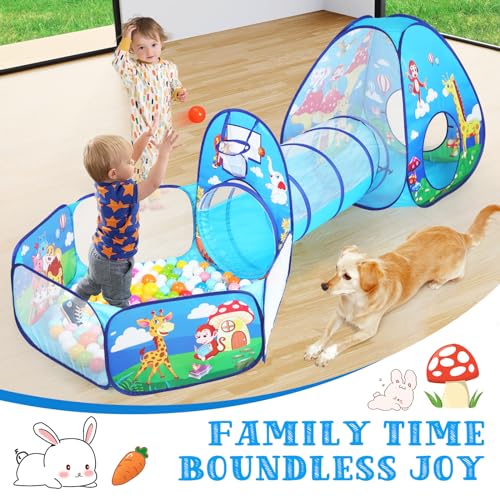 Image of PigPigPen 3 in 1 Kids Play Tent with Tunnel and Ball Pit for Boys Girls, Toddler Pop Up Playhouse Toy for Indoor Outdoor (Jungle 3pc Play Tent)