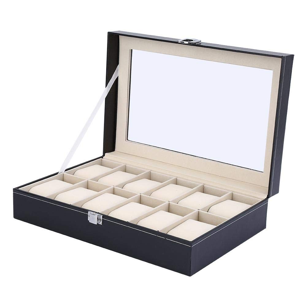 Caja para relojes con tapa, estuche para 12 relojes, estuche para relojes de piel sintética para hombre – negro, 30,2 x 12,2 x 8 cm