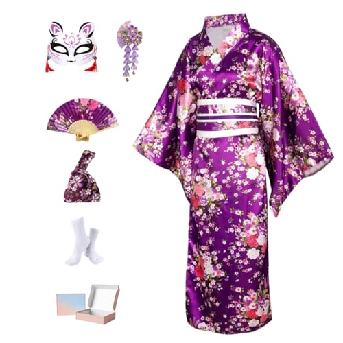 KRUIHAN Kit Kimono Japonés Mujer en Caja de Regalo–Disfraz Geisha Yukata Satinada Sakura Morada,Obi,Abanico,Máscara Kitsune y Bolsa Nudo Japonés–Traje Tradicional para Cosplay,Fiesta y Carnaval