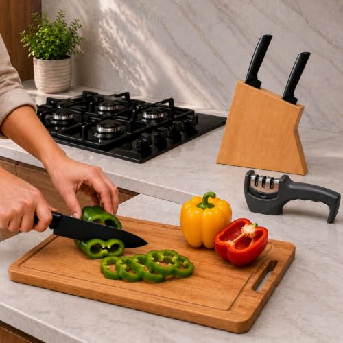 Image of GO STORE Set of 3 Kitchen Knives with Knife Sharpener | Stainless Steel Sharp Chef Knives | Ergonomic Handle | Chopping, Slicing, and Dicing for Vegetables, Fruits, and Meat