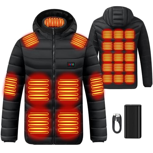 Heated Jacket for Men and Women with Battery Pack 7.4V, Heated Coat Hooded Heating Warm Jackets Windproof USB Charging Electric Body Warmer (US, Alpha, L）