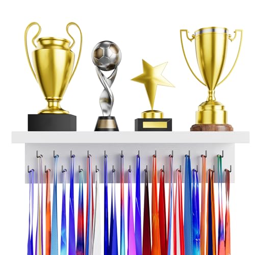Image of Medal Holder Display Trophy Shelf Organizer, Sturdy Wooden Race Award Hanger Rack with 25 Steel Hooks, Wall Mount Storage Stand for Sports Fans, Cheer Success