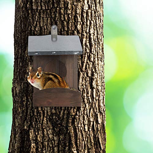 Relaxdays Eichhörnchen Futterhaus, Kobel aus Holz, wetterfestes Metall Dach, zum Aufhängen, Garten Futterstation, braun, Dunkelbraun
