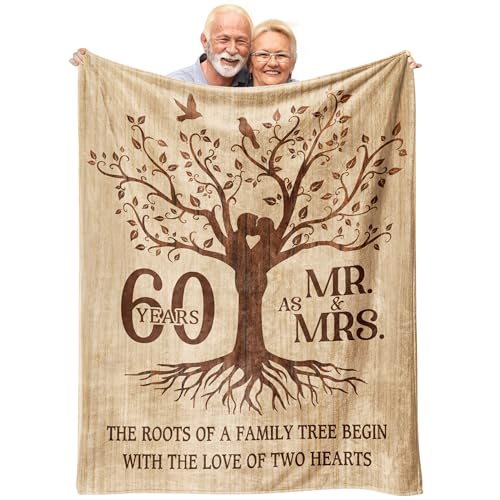 Glydein Happy 60th Anniversary Wedding Gifts Flannel Soft Blanket Decor 60th Anniversary Romantic Gifts for Couple Parents Best 60 Year Wedding Anniversary Decorations - 50x60 inches