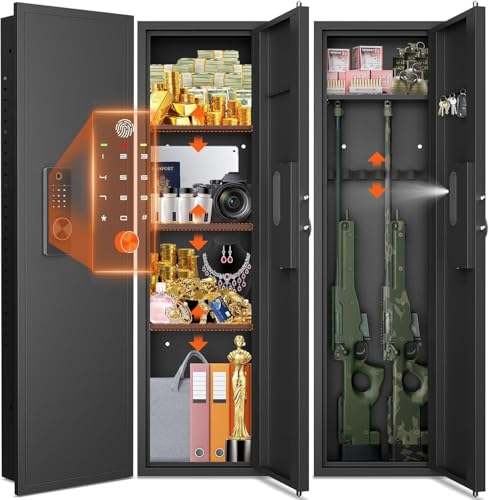 53 Tall Hidden Wall Safe with Fingerprint Lock - Dual Alarm System 3 Adjustable Shelves Magnetic Slot & Key Hooks - Modern Black Steel Construction