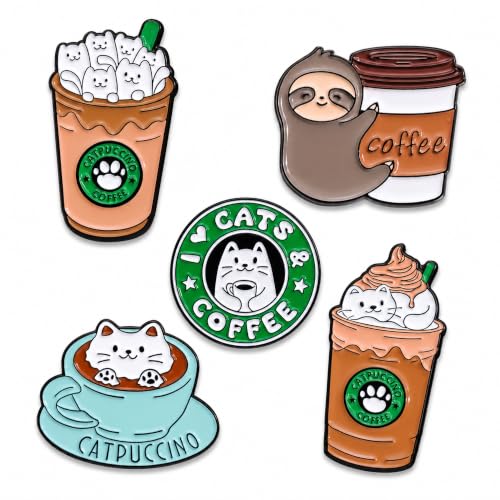 Image of 5Pcs Cute Coffee Cat Sloth Enamel Pin Set Cartoon Animal Coffee Cup Brooch Badges, Funny Lapel Pins for Backpacks, Jackets, Bags, Coffee Lover Gift