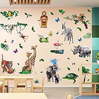Watercolor Jungle Animal Wall Decals - Removable Kids Room Stickers (35.4"x11.8")