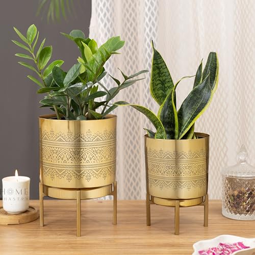 Image of Raaga Gold Metal Planters with Stand | Pack of 2 | Big Planter - 10 Inch (Height) 7 inch (Diameter) | Small Planter - 8 Inch (Height) 6 inch (Diameter) Planters for Living Room
