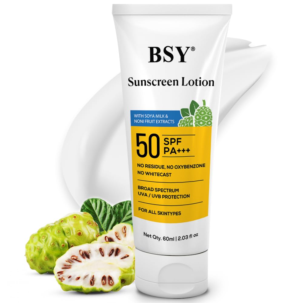 BSY Noni Sunscreen Lotion SPF 50 PA+++ (2.03 fl oz) | Infused with Noni & Soy Milk Extracts | Mineral Sunscreen with No White Cast | Water-Resistant | UVA/UVB Protection | For All Skin Types