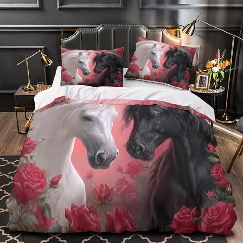 DFENILROP Blanc Cheval Parure de Lit 3D Effet Microfibre Hypoallergique 3 Pièces 2xTaies Ultra Douce Romantic Equine Parure de Lit Léger Résistante for Ado...