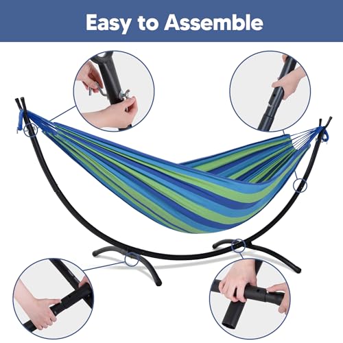 Image of SUNCREAT Portable Outdoor Hammock with Stand Included, Double Hammock with Stand for Outside, Blue & Green Stripes