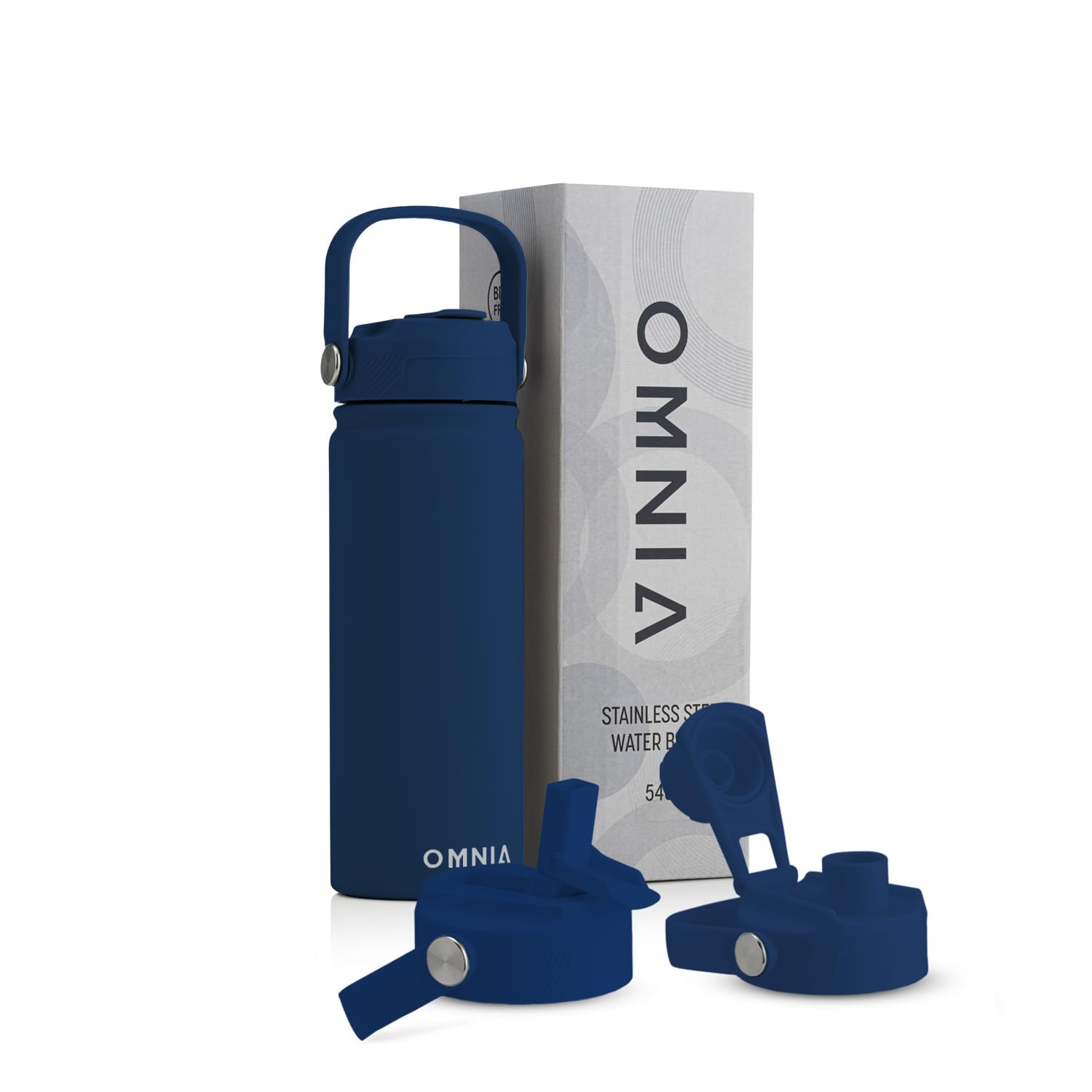 OMNIA Vacuum Insulated Stainless Steel Water Bottle, 2 Lids (Straw & Spout) Leakproof, BPA-Free, Reusable Flask for Sports, Gym, Travel, Outdoors (Slate Blue, 540ML)